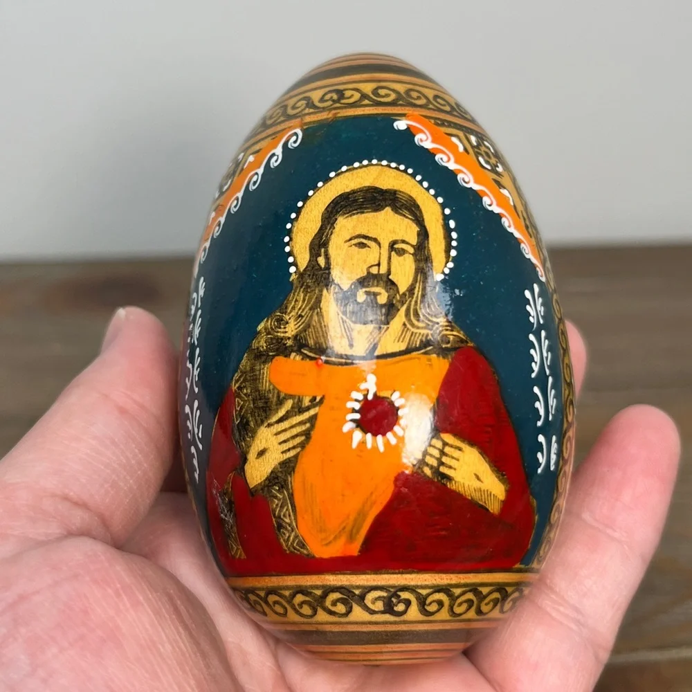 Vintage Hand Painted Wooden Egg Russian Orthodox Religious Art Passion Egg 3.5” - Picture 12 of 16